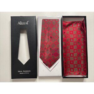 Alizeal Mens Red Christmas Tree Holiday Tie & Handkerchief Set NEW‎ BOXED